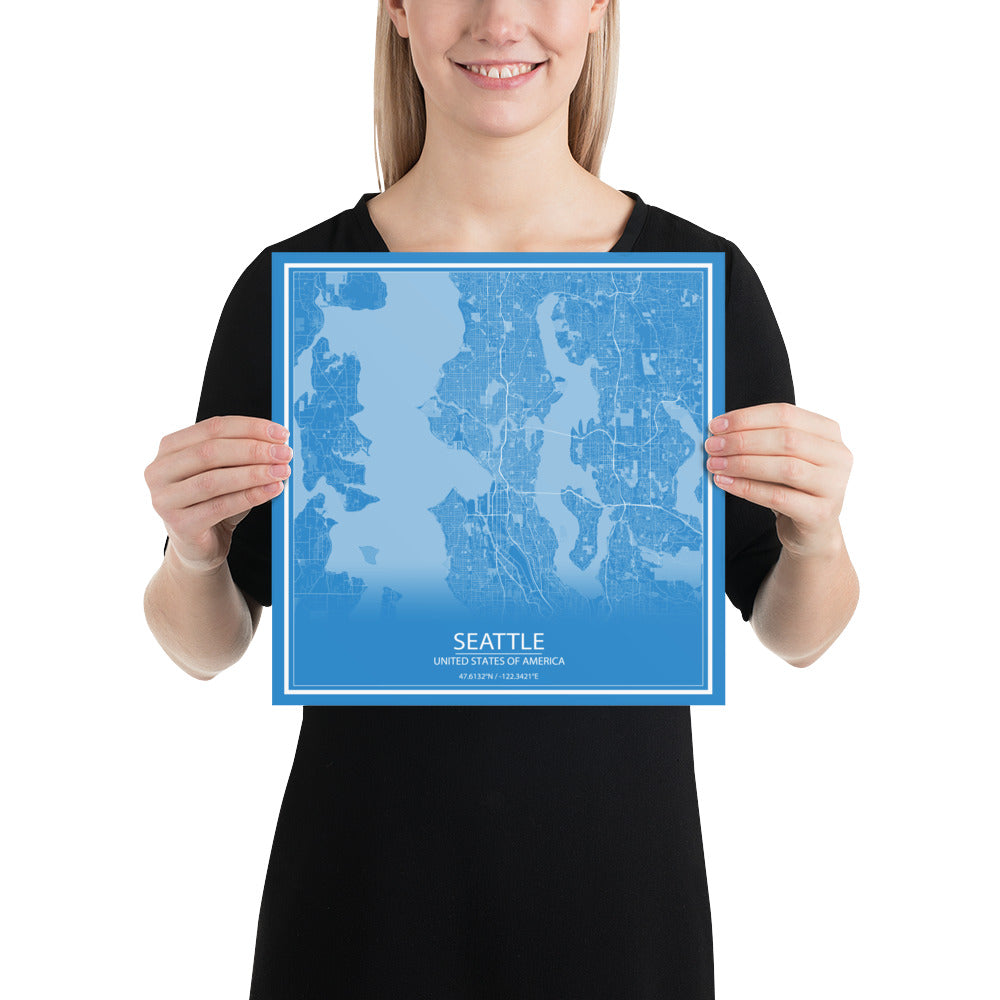 Seattle Blue and White Paper Map