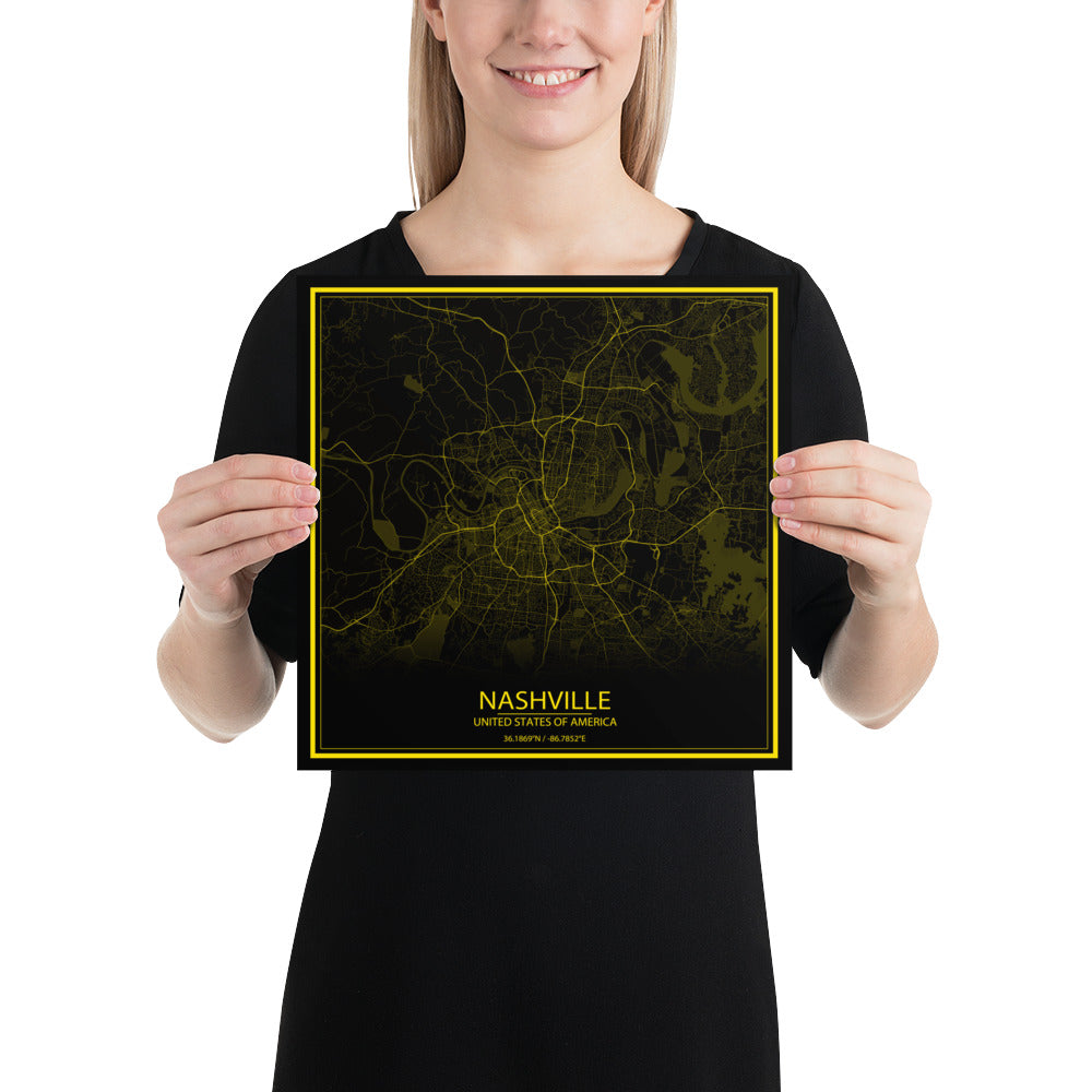 Nashville Black and Yellow Paper Map