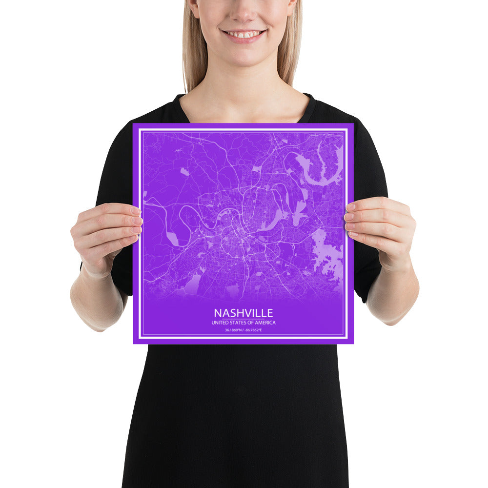 Nashville Purple and White Paper Map