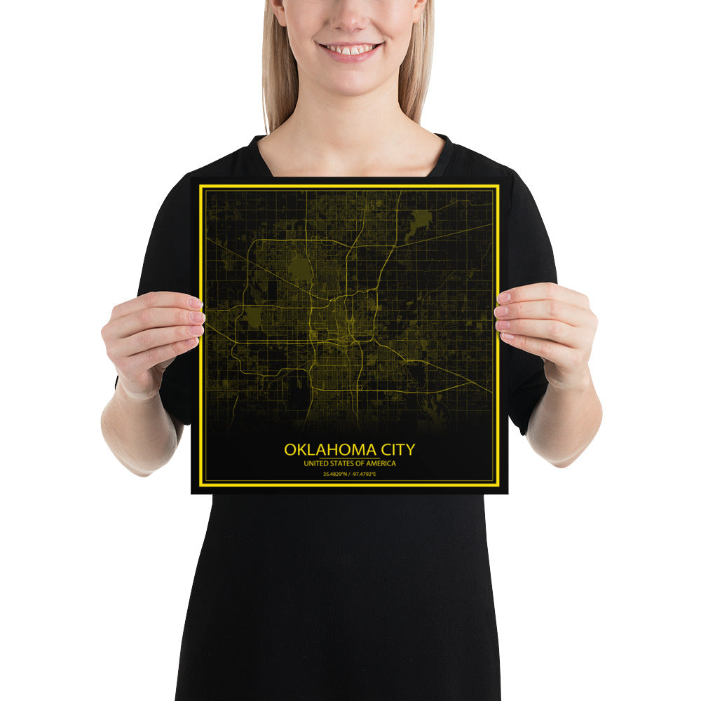 Oklahoma City Black and Yellow Paper Map