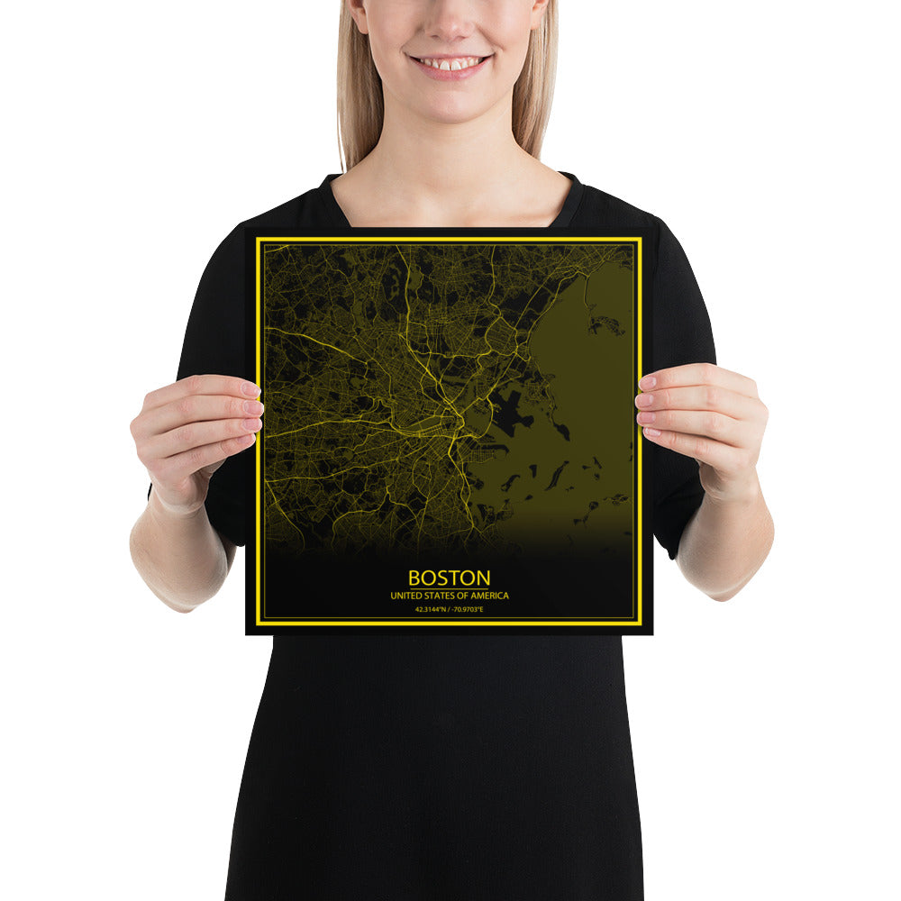 Boston Black and Yellow Paper Map