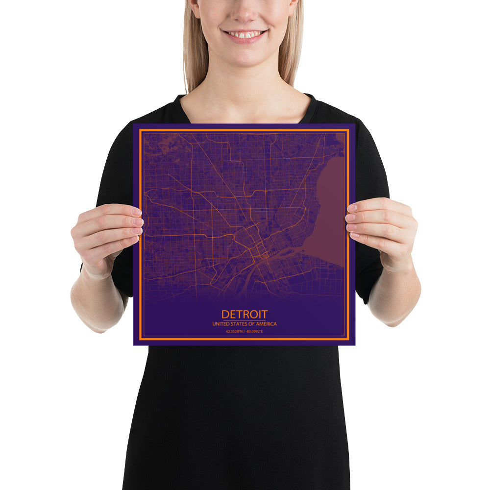 Detroit Purple and Orange Paper Map