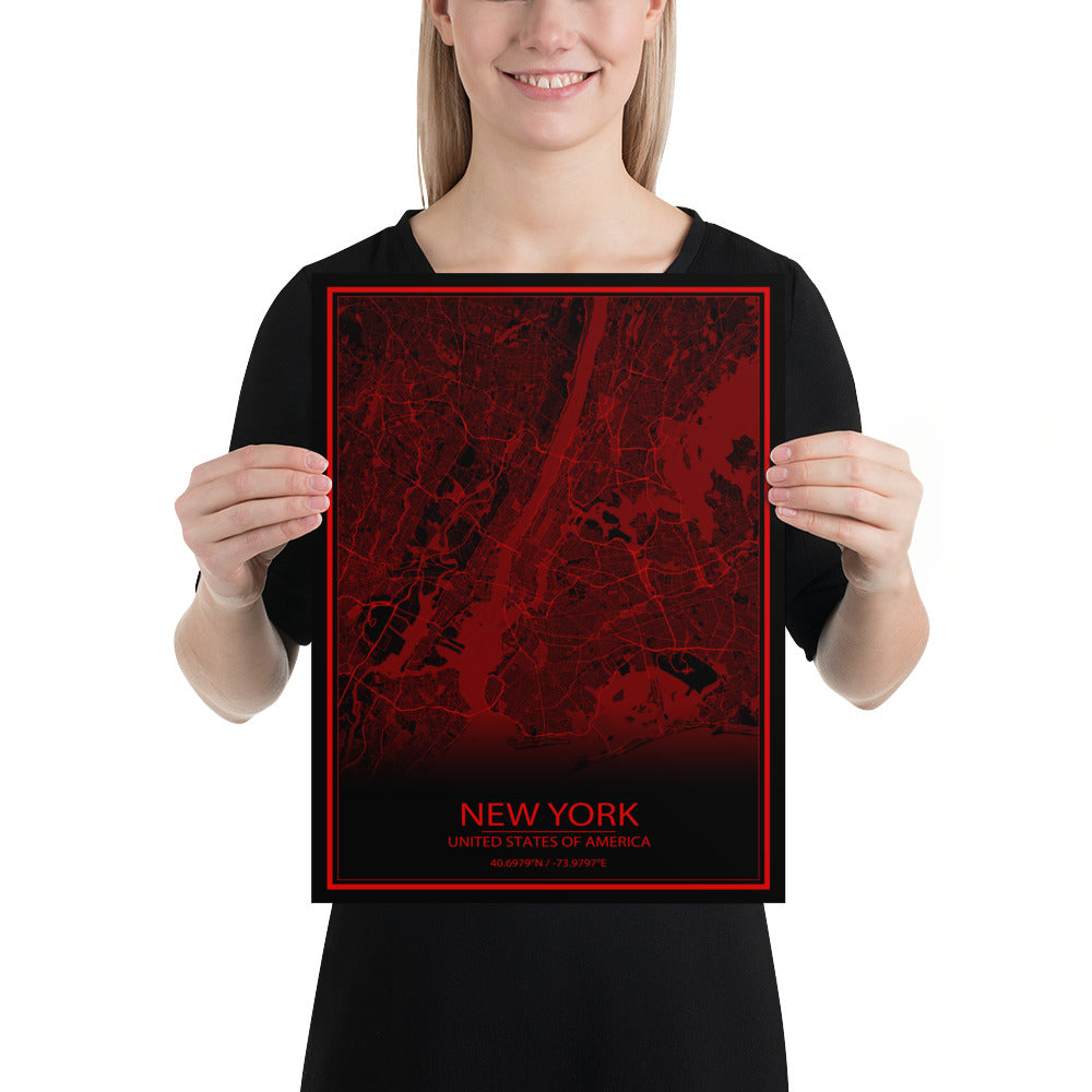 New York Black and Red Paper Map