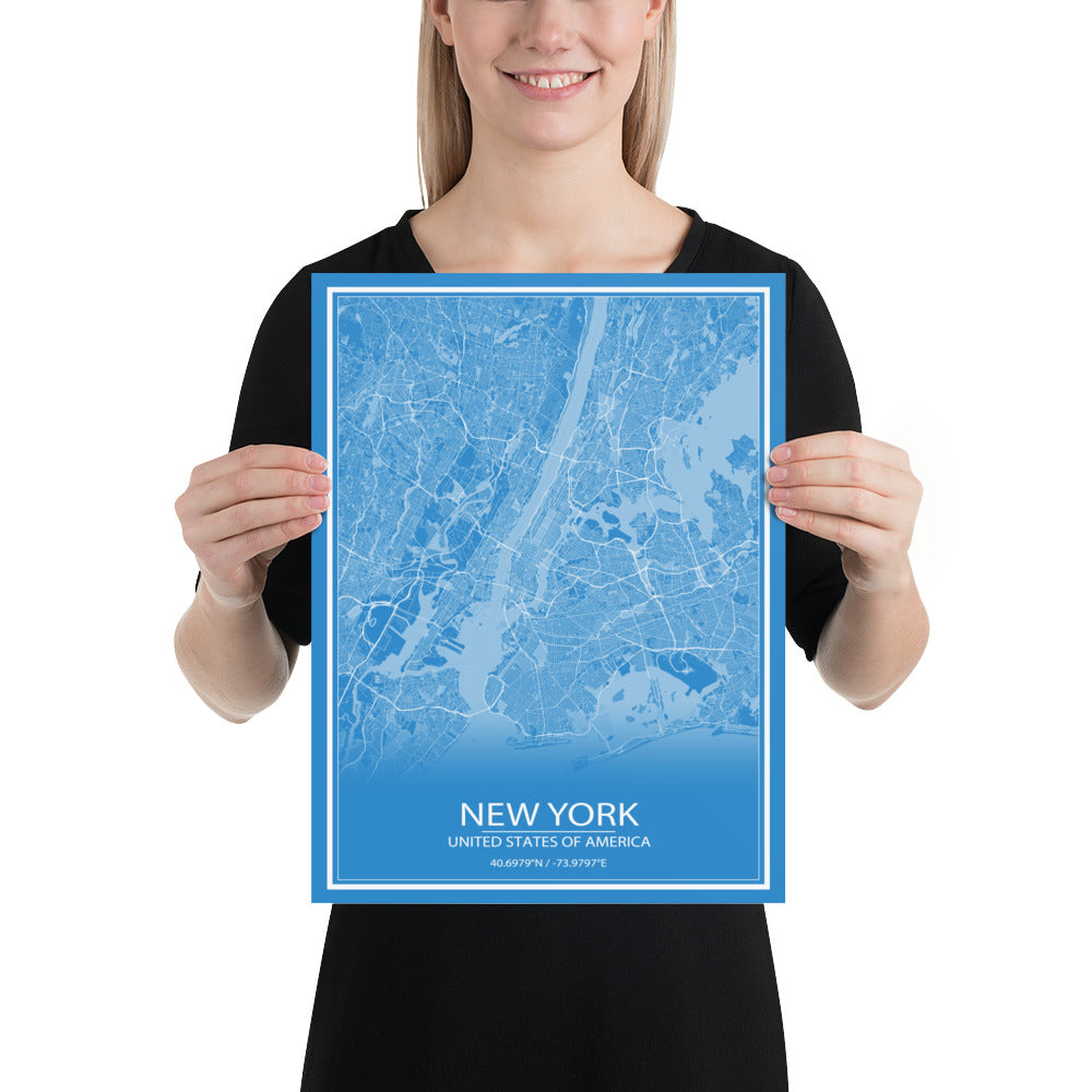 New York Blue and White Paper Map