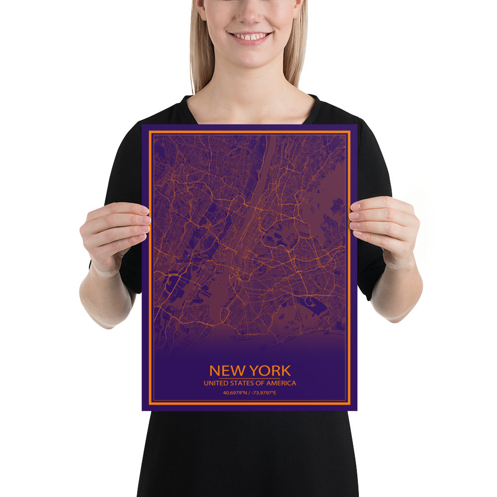 New York Purple and Orange Paper Map