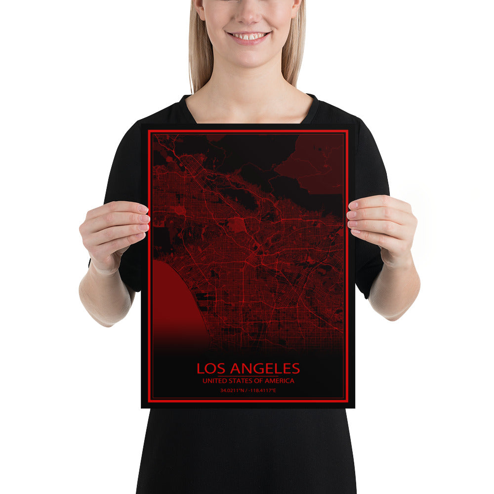 Los Angeles Black and Red Paper Map