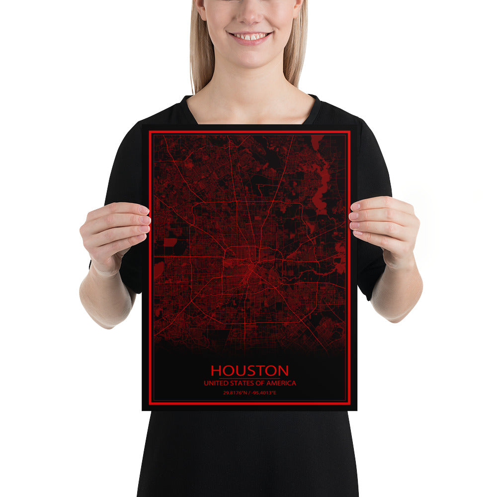 Houston Black and Red Paper Map