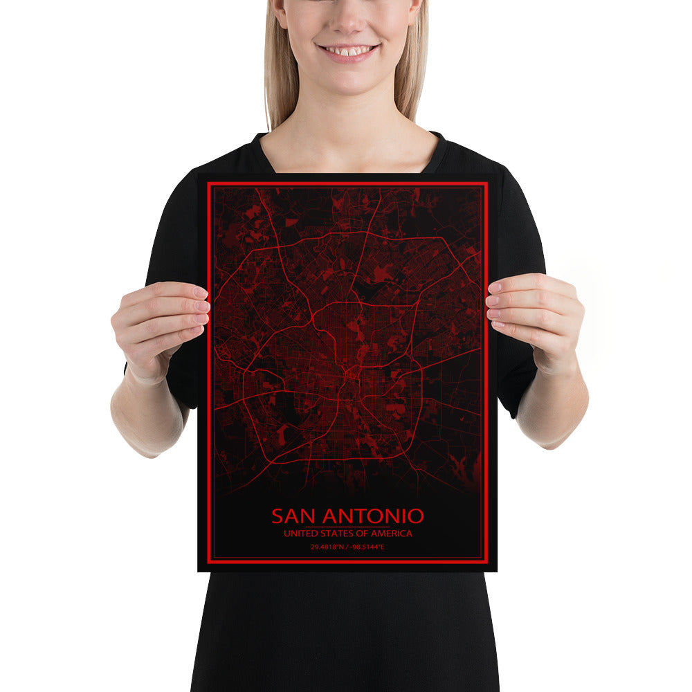 San Antonio Black and Red Paper Map