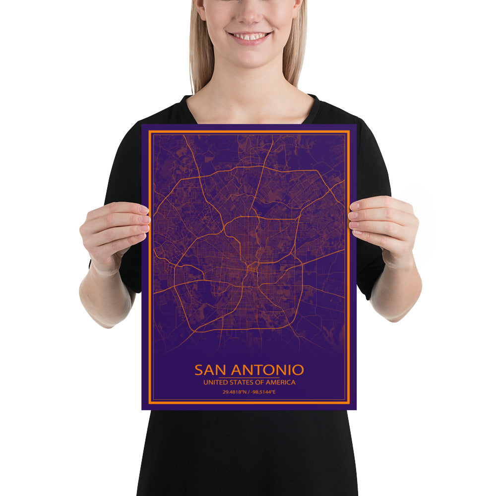 San Antonio Purple and Orange Paper Map