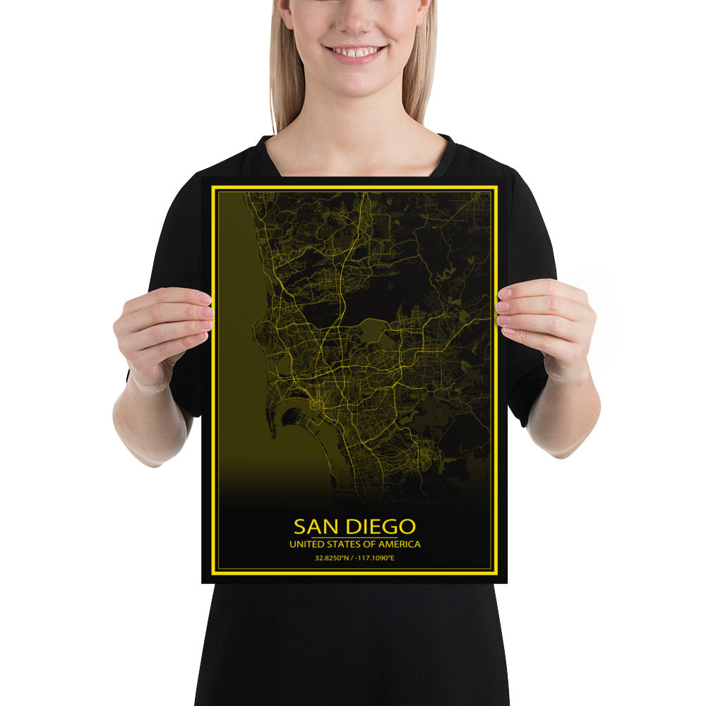 San Diego Black and Yellow Paper Map