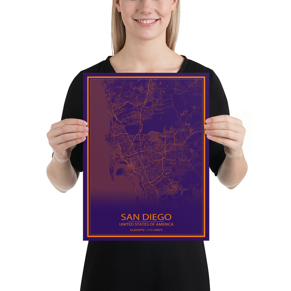 San Diego Purple and Orange Paper Map