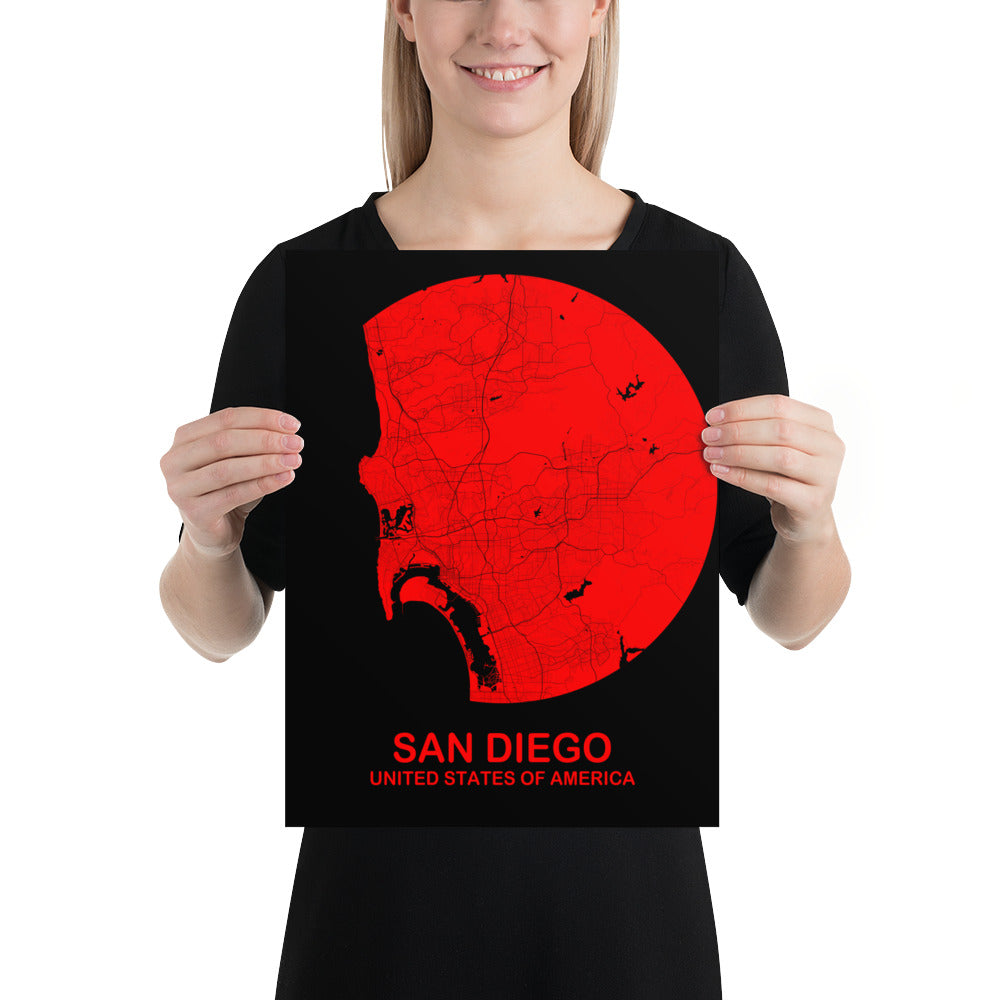 San Diego Circular Red Paper Map