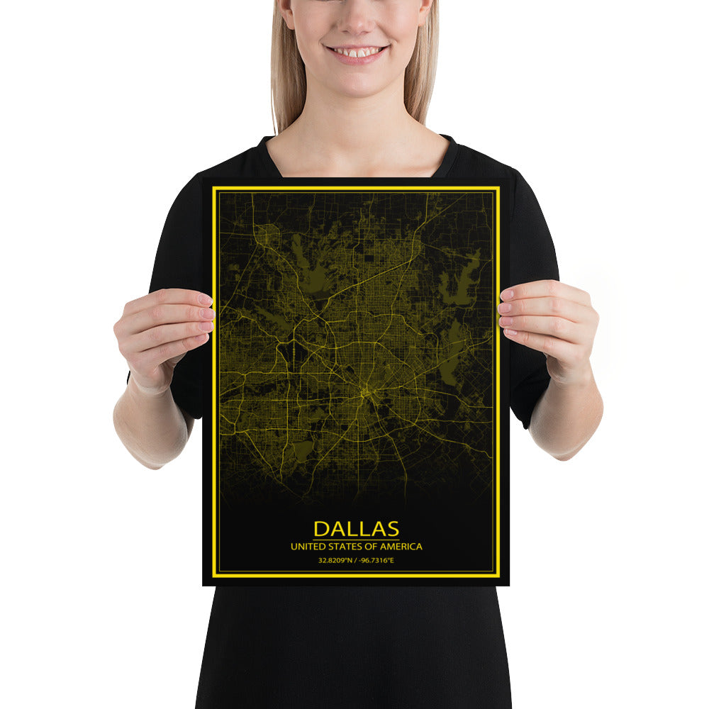 Dallas Black and Yellow Paper Map