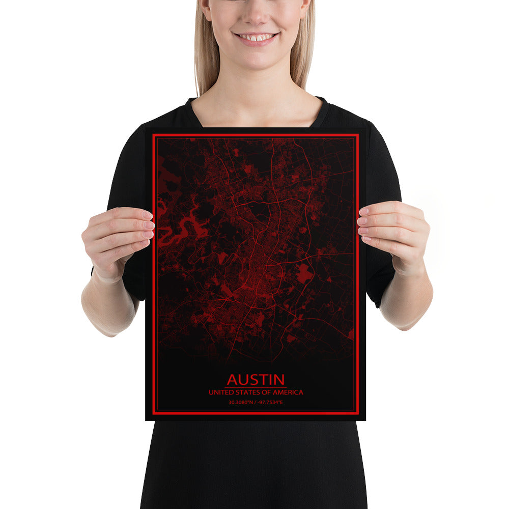 Austin Black and Red Paper Map