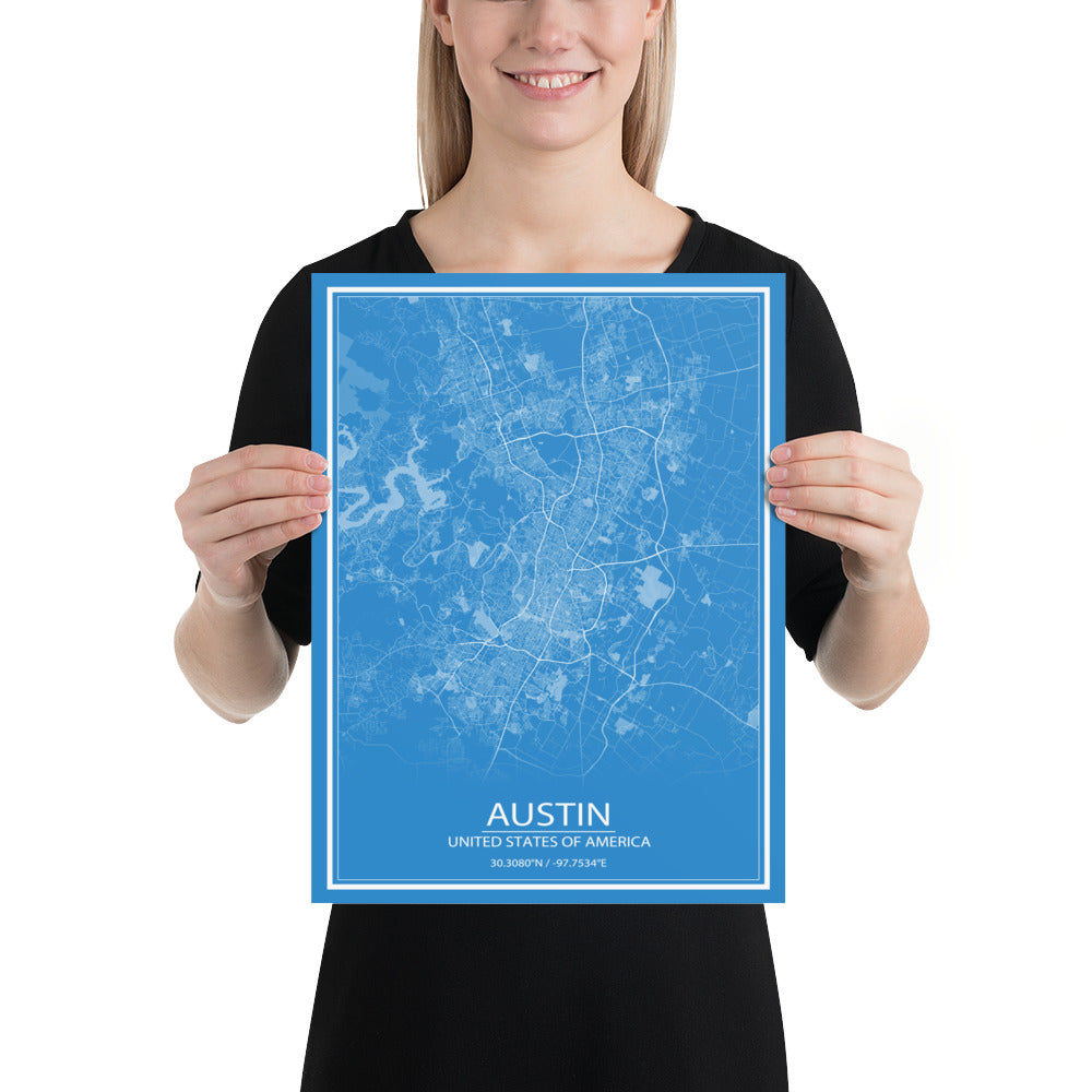 Austin Blue and White Paper Map