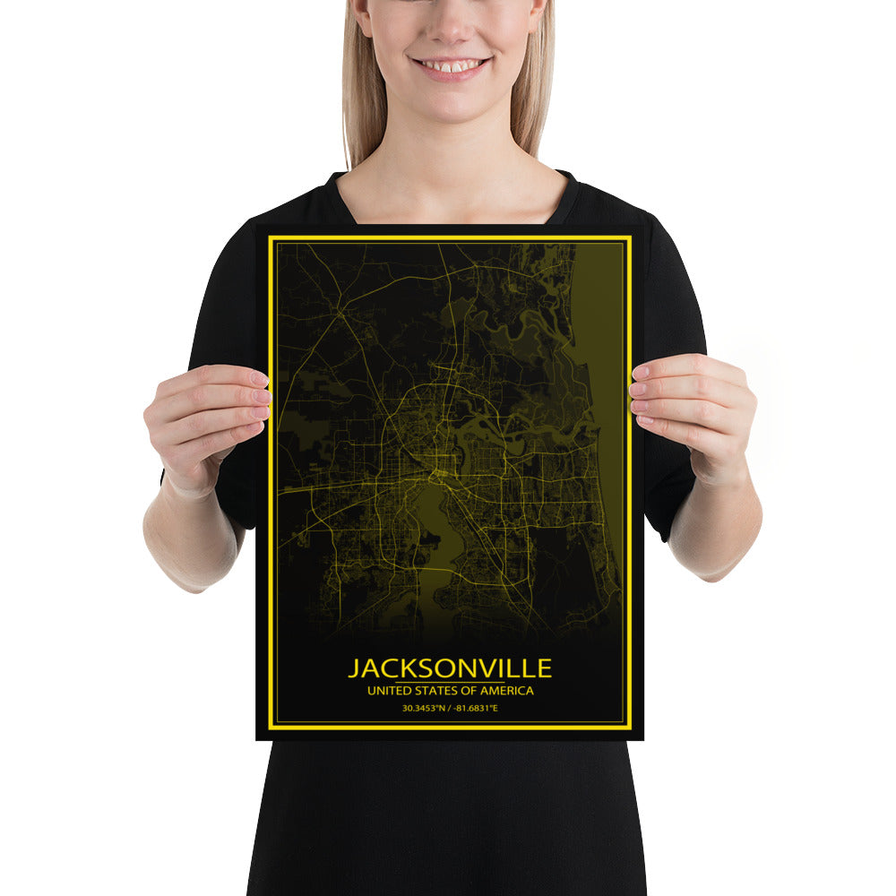 Jacksonville Black and Yellow Paper Map