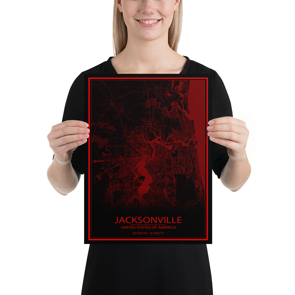 Jacksonville Black and Red Paper Map