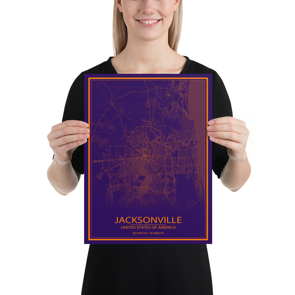 Jacksonville Purple and Orange Paper Map