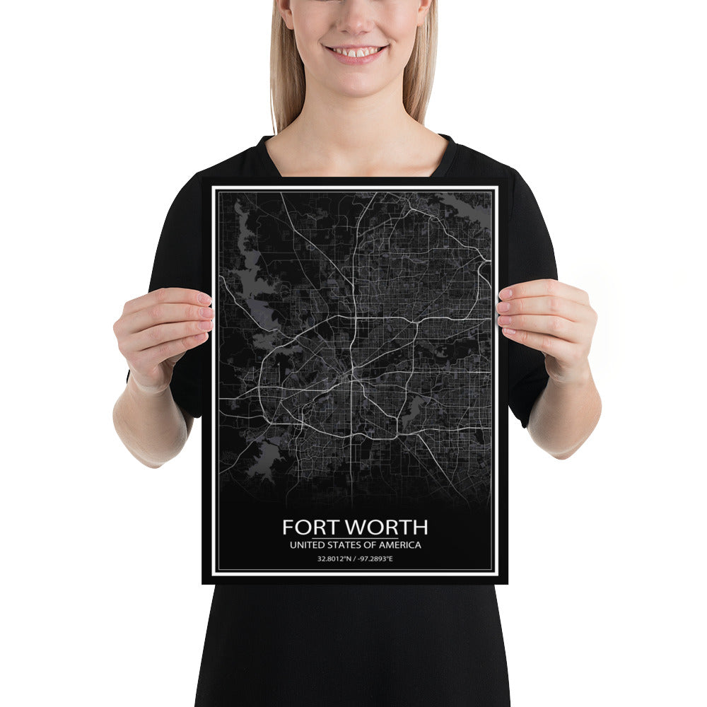 Fort Worth Black Paper Map