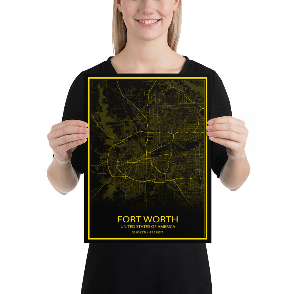 Fort Worth Black and Yellow Paper Map