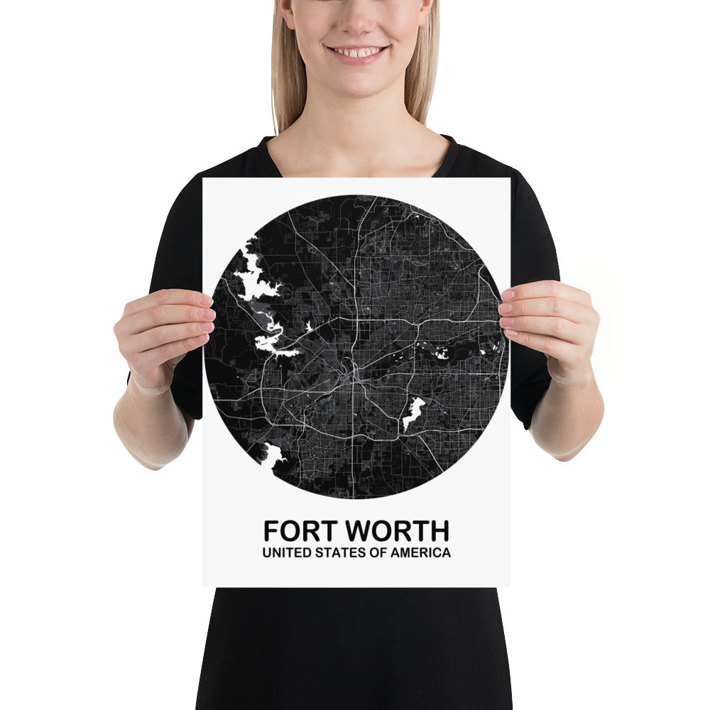 Fort Worth Circular Black Paper Map