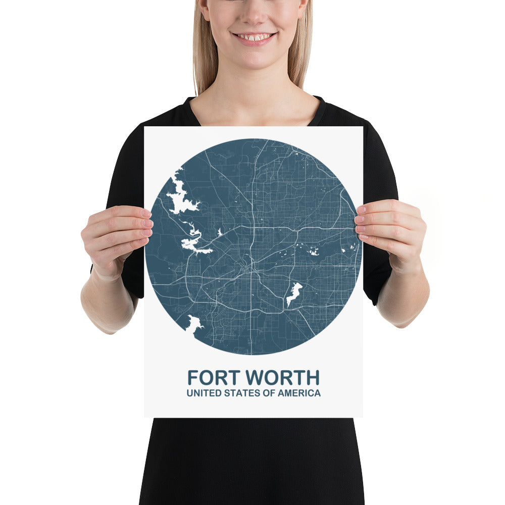 Fort Worth Circular Blue Paper Map