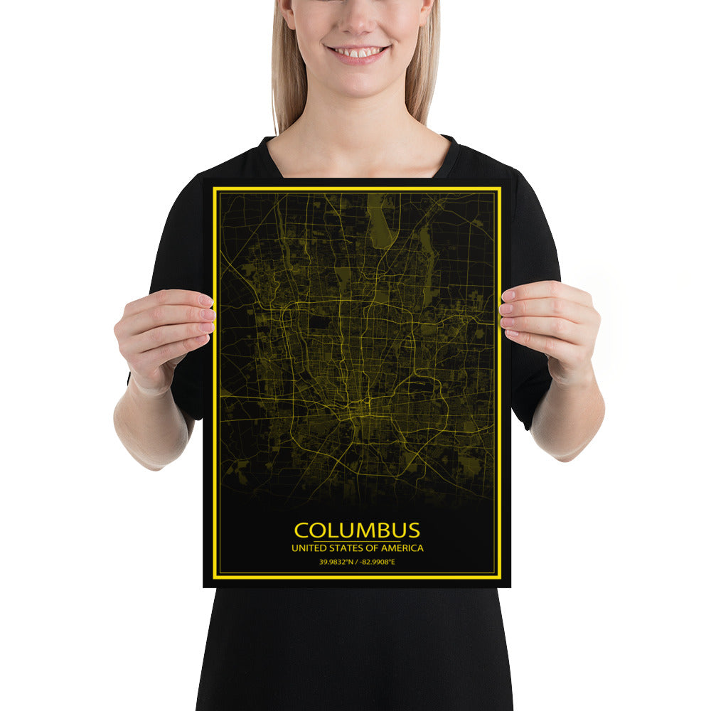 Columbus Black and Yellow Paper Map