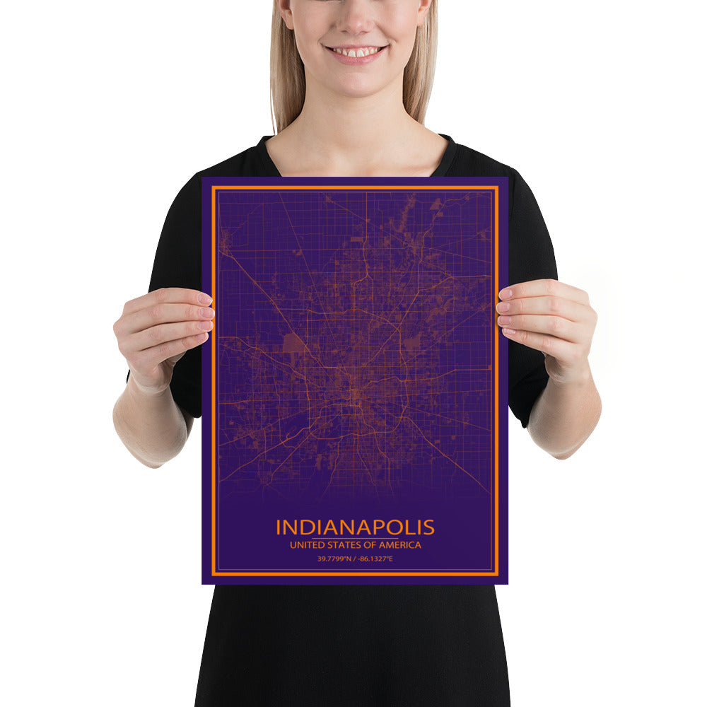 Indianapolis Purple and Orange Paper Map