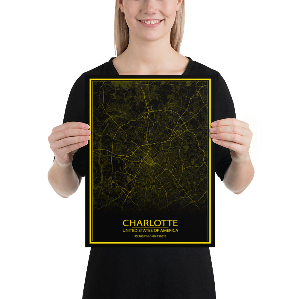 Charlotte Black and Yellow Paper Map