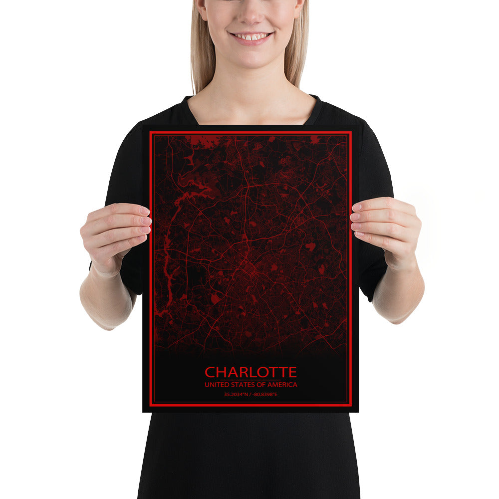 Charlotte Black and Red Paper Map