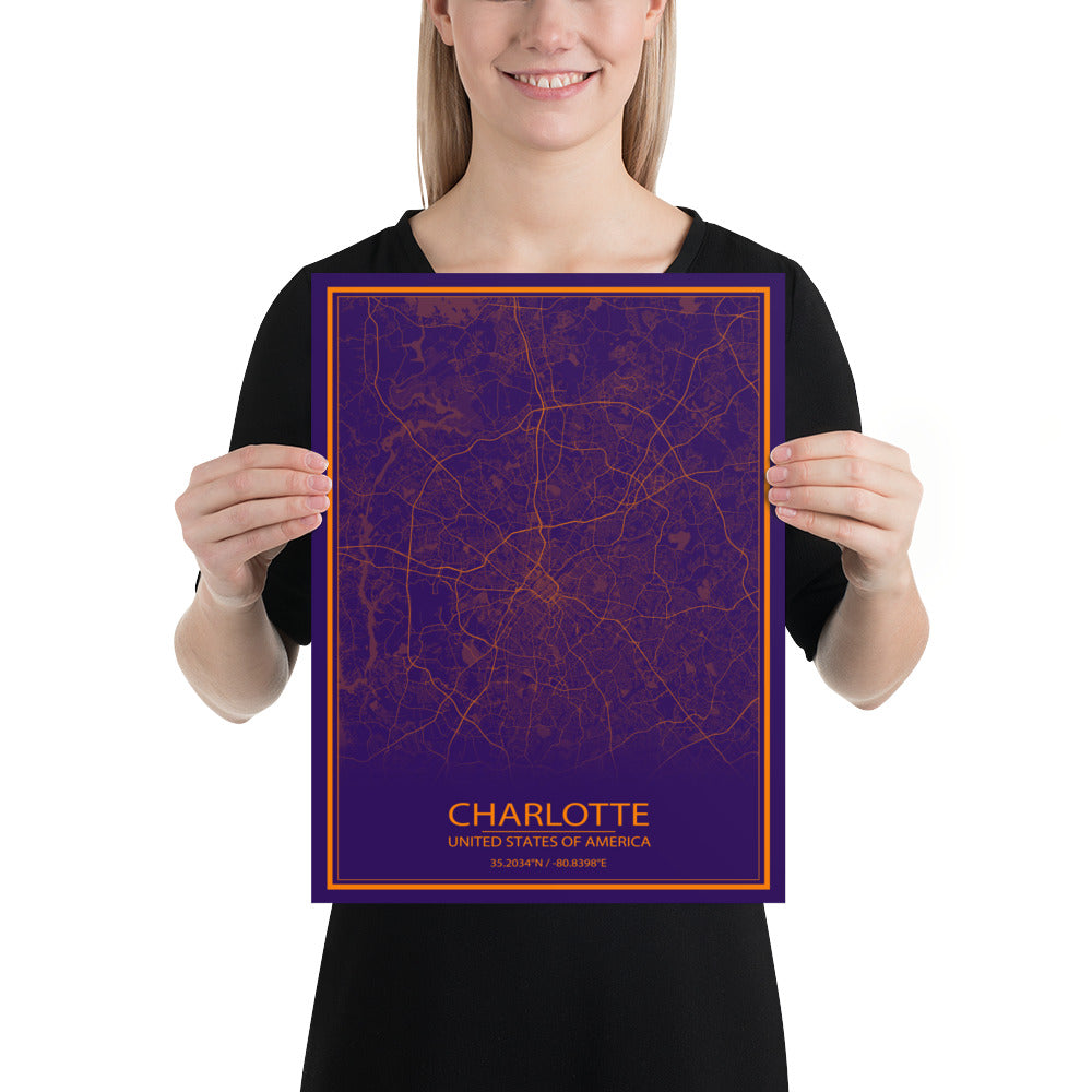 Charlotte Purple and Orange Paper Map