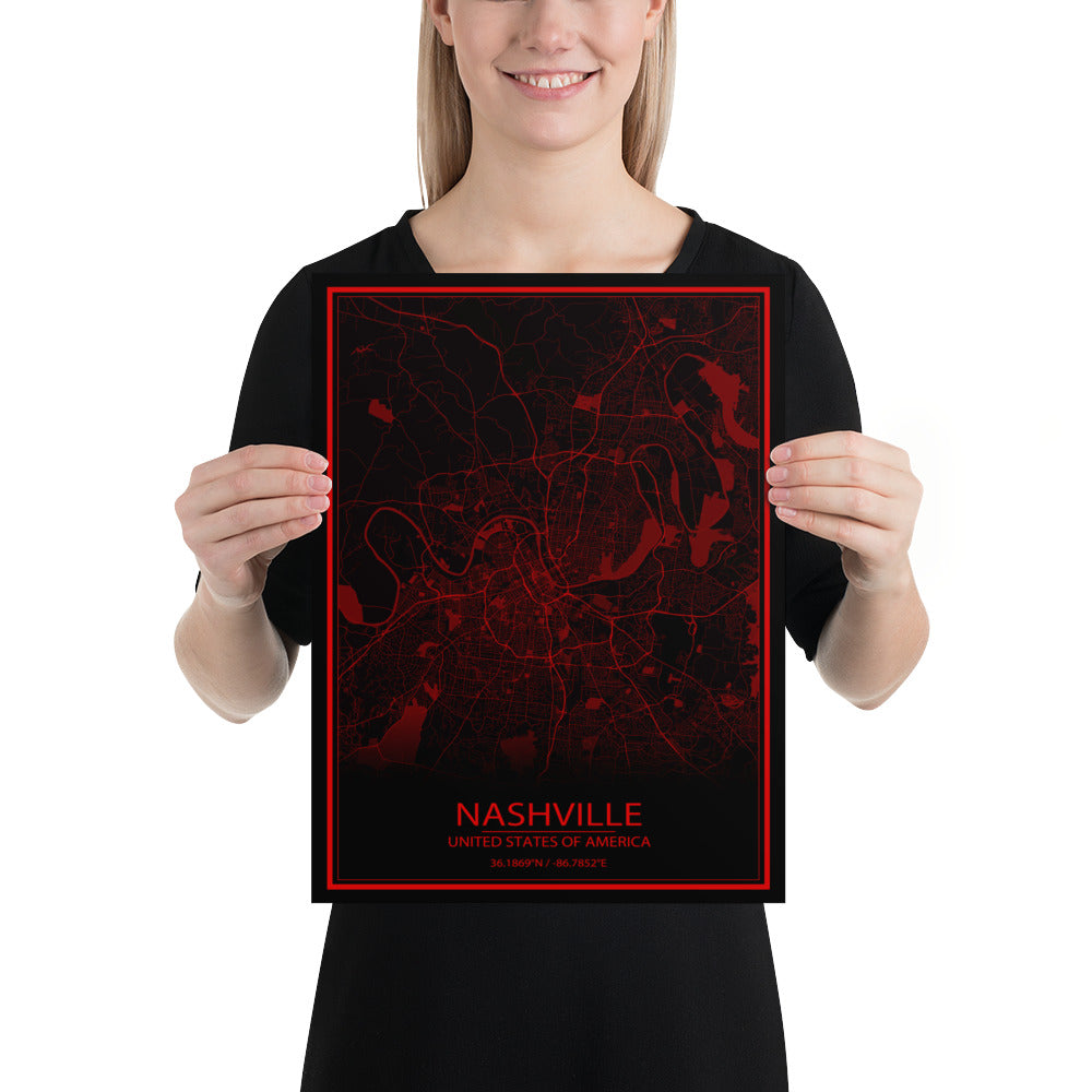 Nashville Black and Red Paper Map