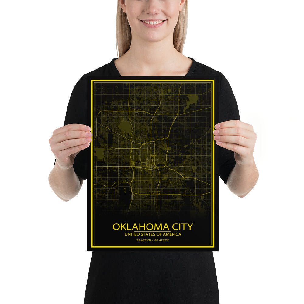 Oklahoma City Black and Yellow Paper Map