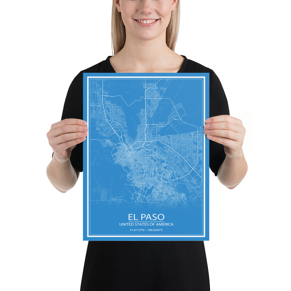 El Paso Blue and White Paper Map