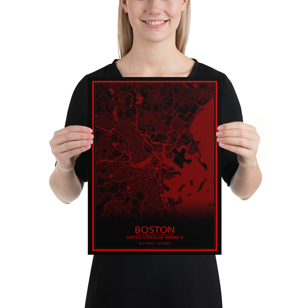 Boston Black and Red Paper Map