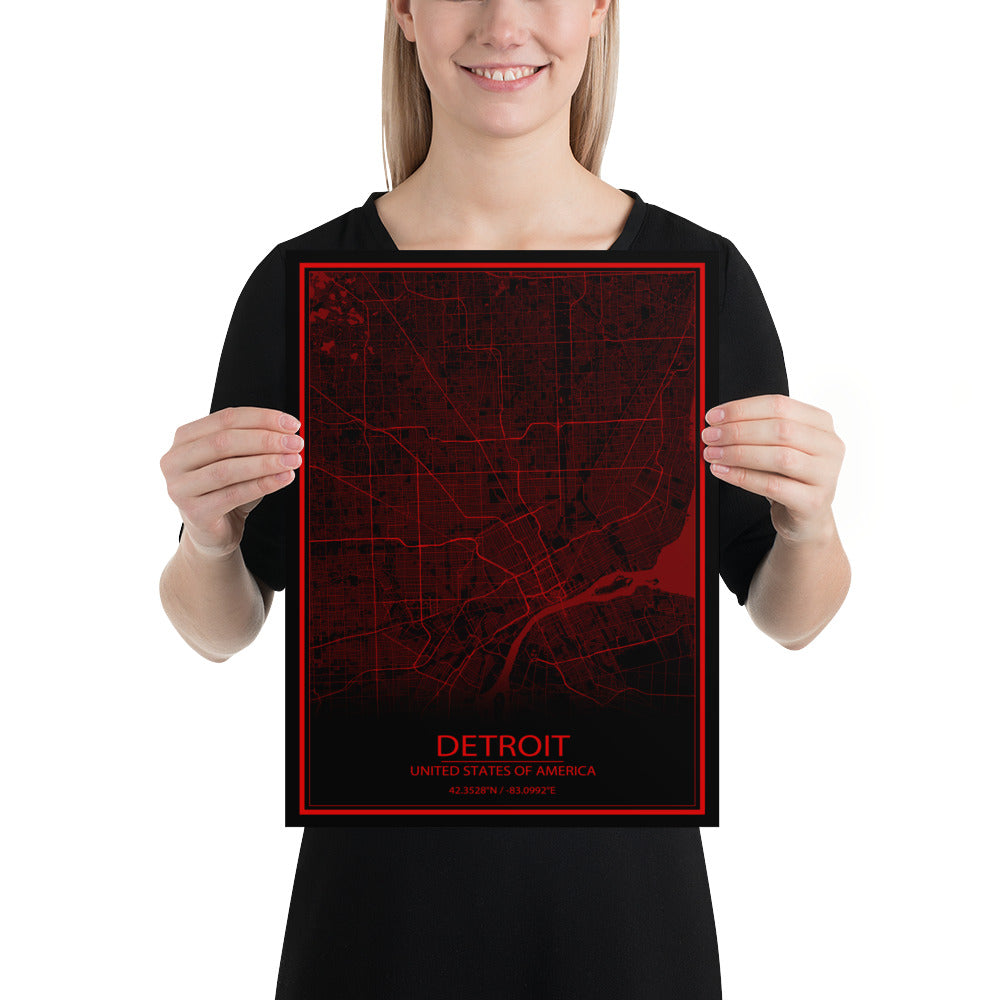 Detroit Black and Red Paper Map