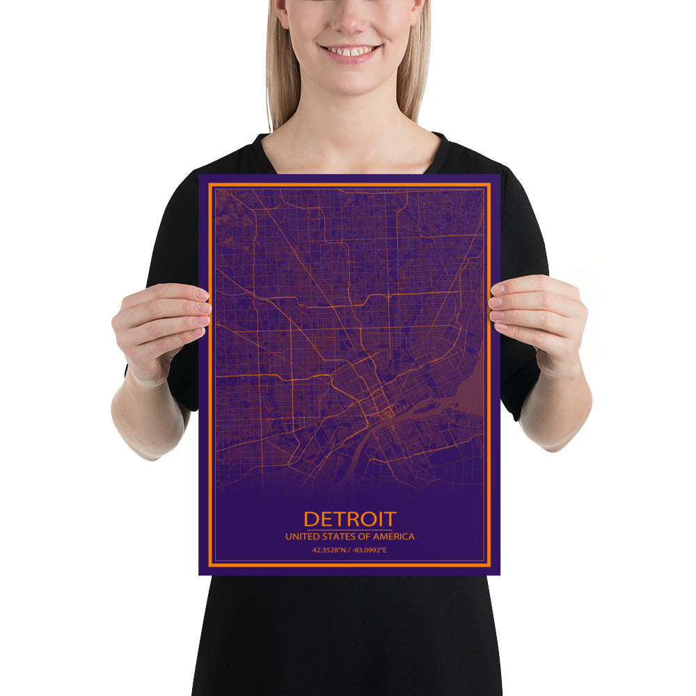 Detroit Purple and Orange Paper Map