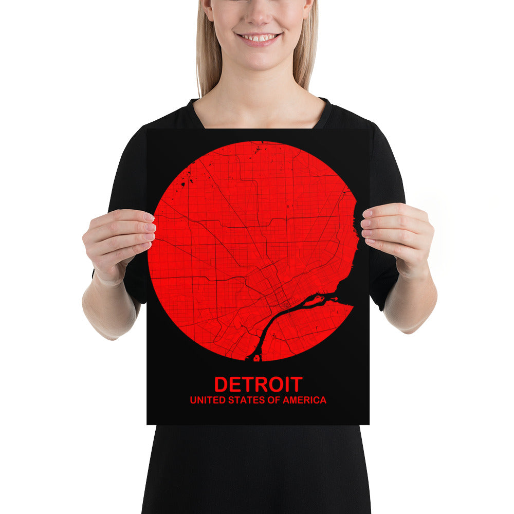 Detroit Circular Red Paper Map