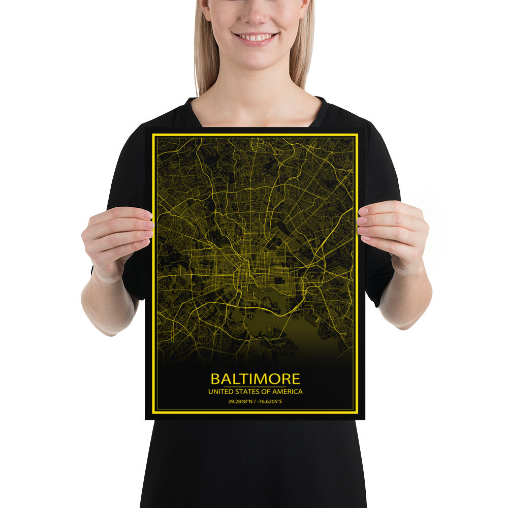 Baltimore Black and Yellow Paper Map