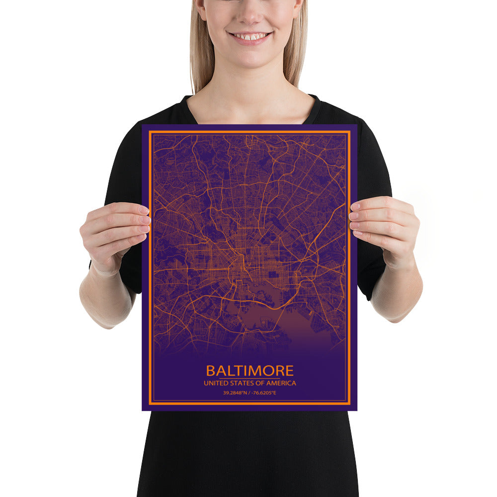 Baltimore Purple and Orange Paper Map