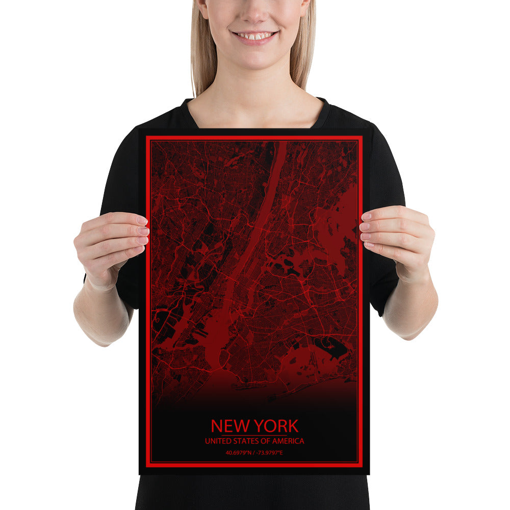 New York Black and Red Paper Map