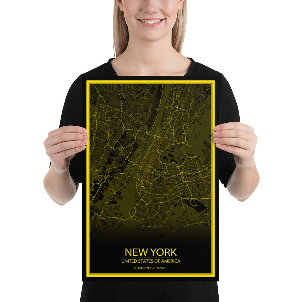 New York Black and Yellow Paper Map