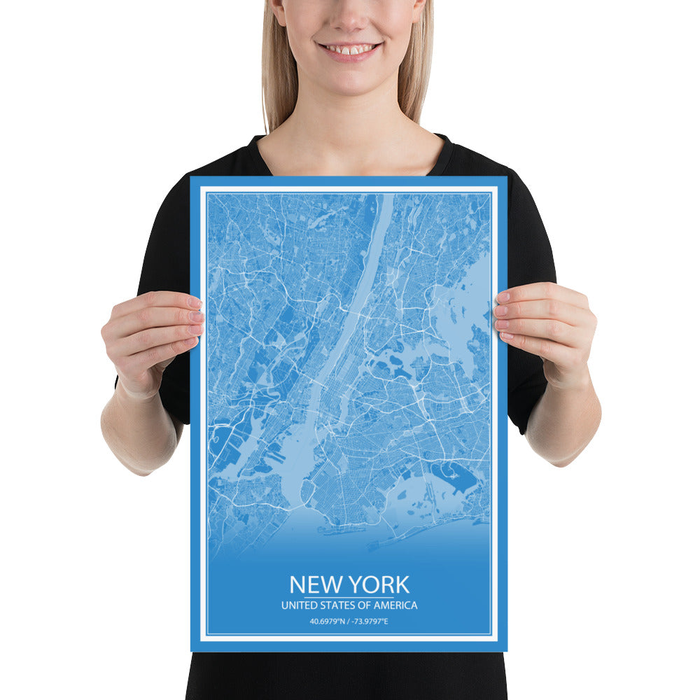 New York Blue and White Paper Map