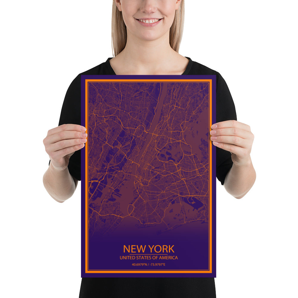 New York Purple and Orange Paper Map