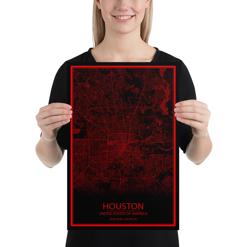 Houston Black and Red Paper Map