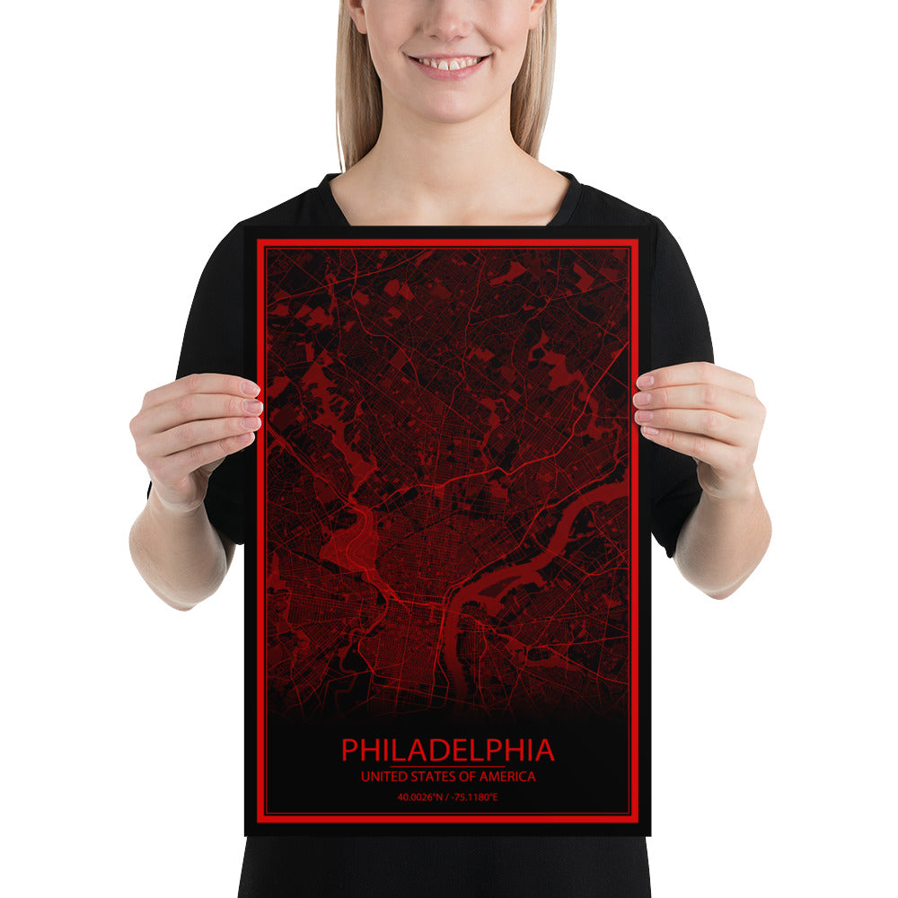 Philadelphia Black and Red Paper Map