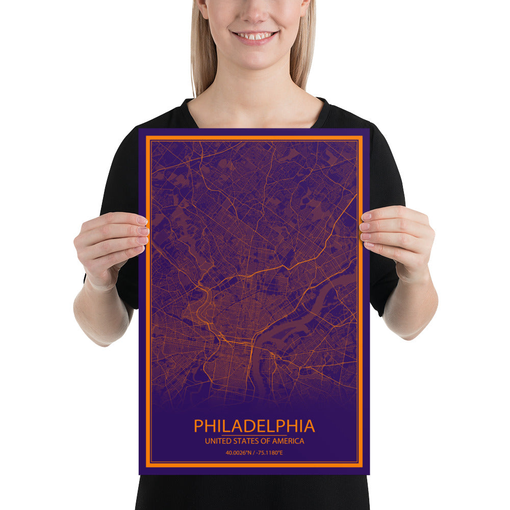 Philadelphia Purple and Orange Paper Map