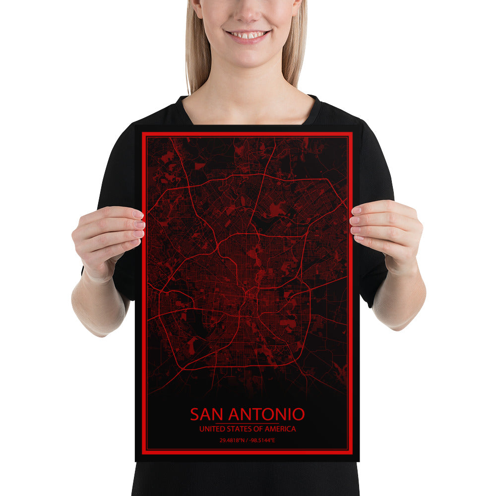 San Antonio Black and Red Paper Map