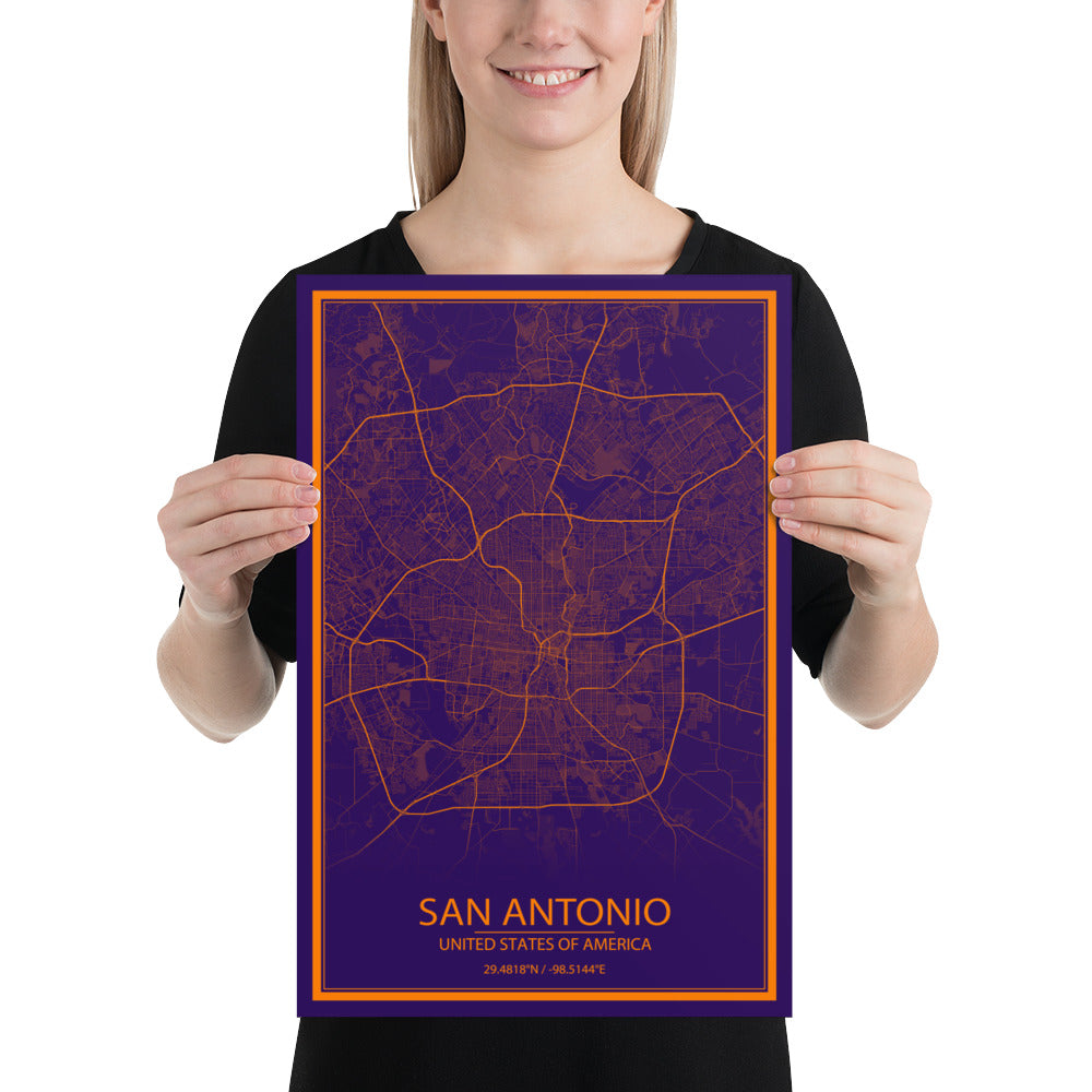 San Antonio Purple and Orange Paper Map