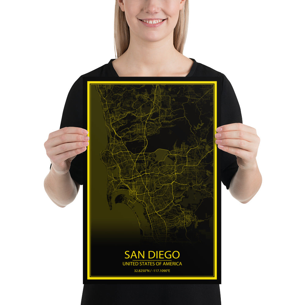 San Diego Black and Yellow Paper Map